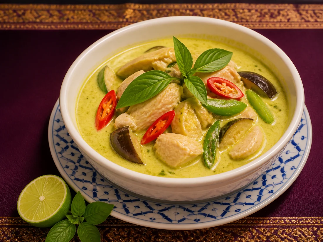 Thai green curry with chicken, aubergine, chilli and basil