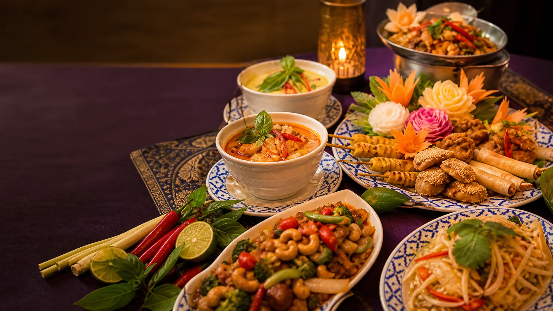 A generous table of Thai curries, stir-fries, noodles and a mixed sharing platter
